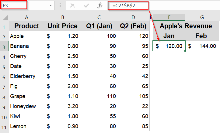 Example of Locking the Row with Mixed Cell Reference in Excel
