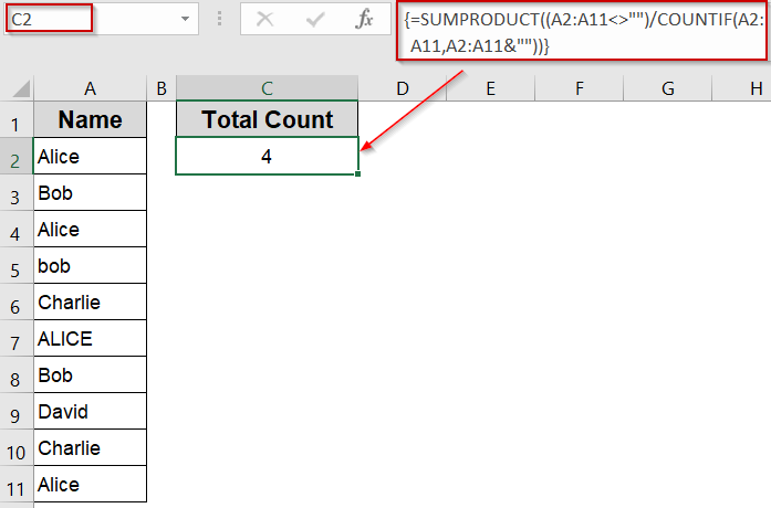 Combine SUMPRODUCT and COUNTIF Function to Count Unique Case-Insensitive Values