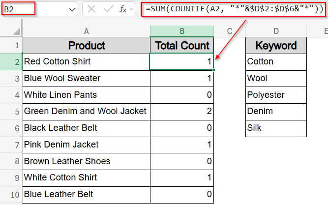 Count How Many Keywords Appear in Each Cell