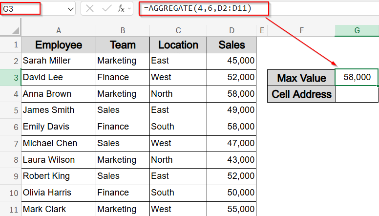 Get Max Value and Cell Address Using Aggregate and ADDRESS Functions