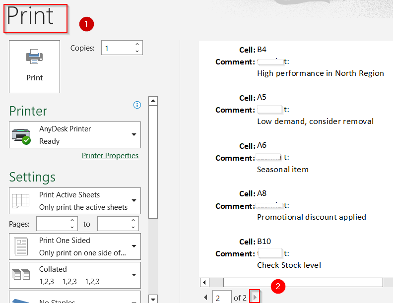 Print Comments at the End of the Sheet Using Page Layout Tab