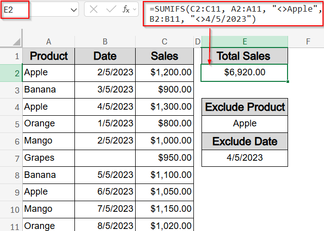 Apply Multiple Not Equal Conditions with SUMIFS Function