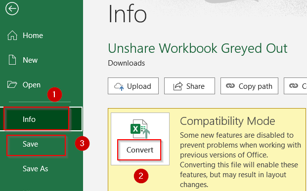 Disable Compatibility Mode to Access Unshare Workbook Feature