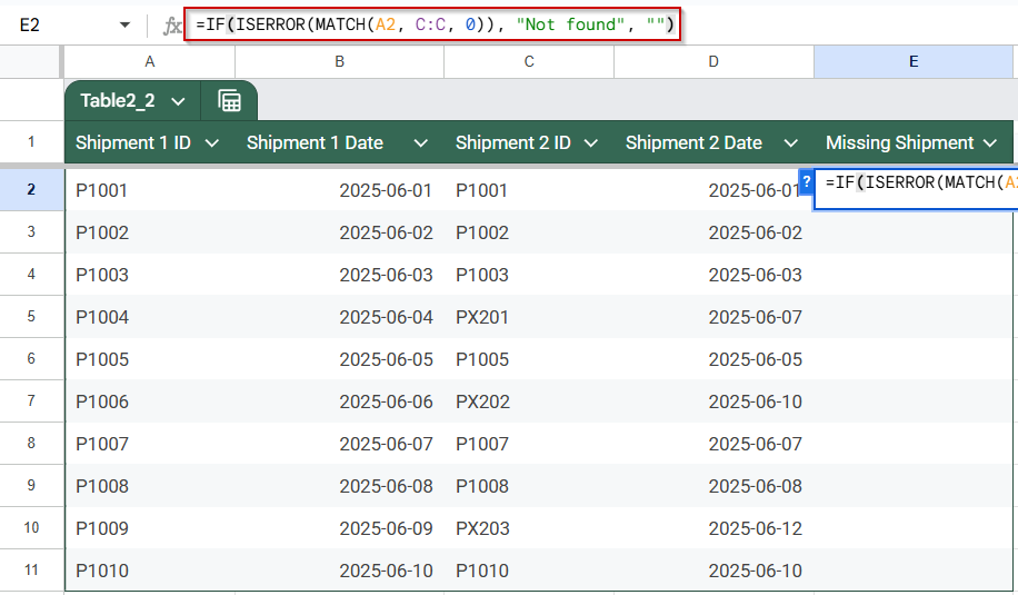Flag Missing Entries After Comparing Two Columns with IF, ISERROR, and MATCH Functions
