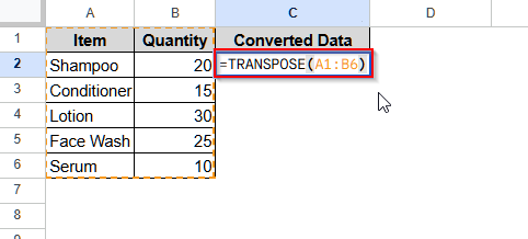 Using the TRANSPOSE Function to Convert Columns to Rows in Google Sheets
