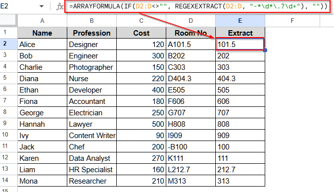 Use ARRAYFORMULA on Google Sheets Dataset to Extract Numbers from a String