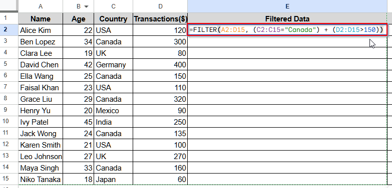 FILTER With OR Condition for Multiple Column Criteria