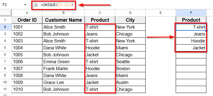 Using the UNIQUE Function to Filter Product Values