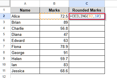 Use the CEILING Function to Round up Values to the Nearest 10 in Google Sheets