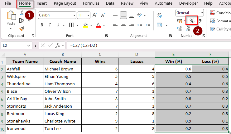 Calculating Win-Loss Percentage for Each Row by Formatting Cells