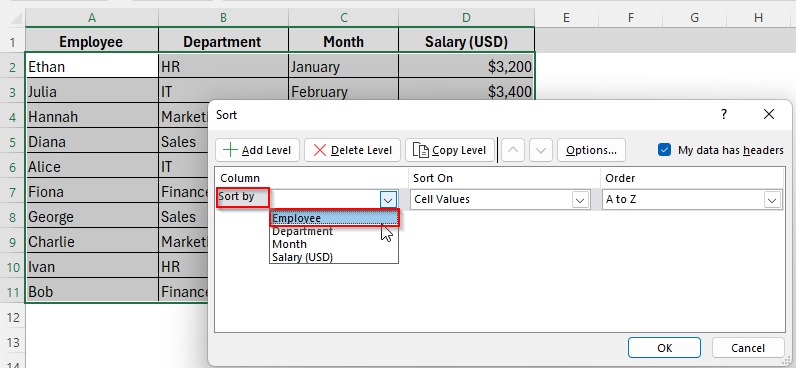 Using Sort Tool to Sort a Column Alphabetically and Keep Rows Together