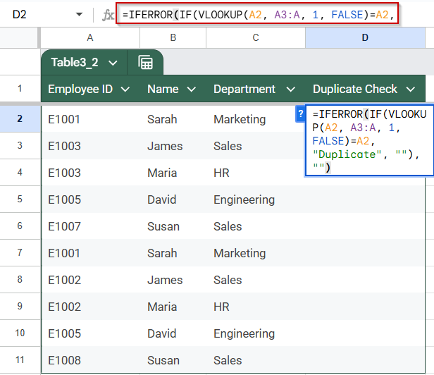 Flag Duplicate Entries Cleanly Using IFERROR with VLOOKUP Function in Google Sheets