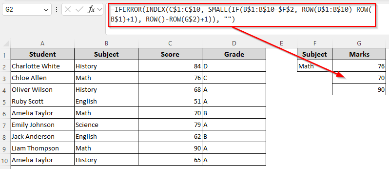 Returning an Array of Matched Results Using the IFERROR, INDEX, SMALL, and ROW Functions