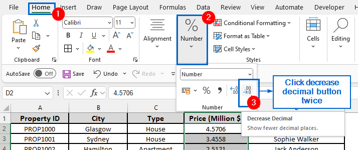 Use the Decrease Decimal Button to Adjust Decimal Places