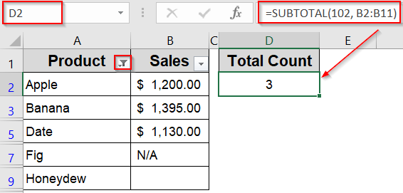 Use SUBTOTAL Function to Count Numbers with Filter Support