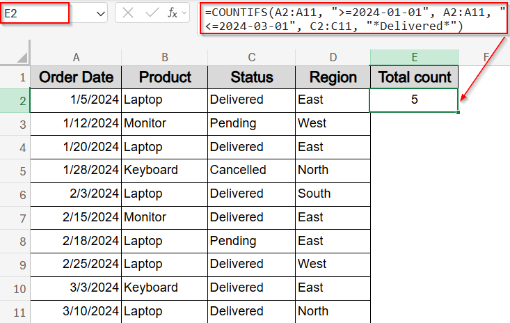 Count Rows Based on Date Range and Partial Text Match