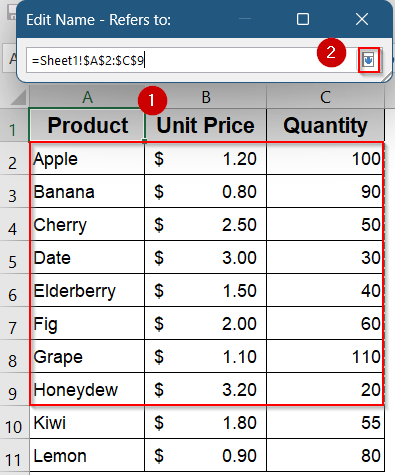 Steps to Edit Named Range Using Name Manager