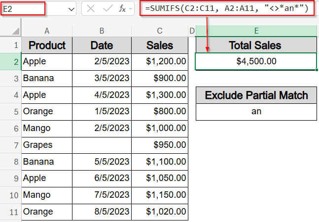 Use Wildcards to Skip Partial Text Matches with SUMIFS Function