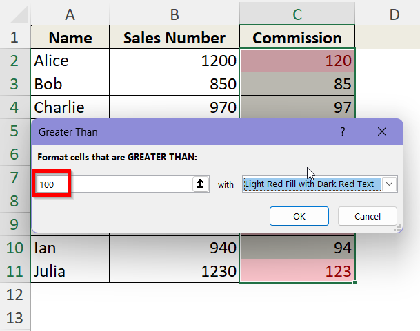 Apply Conditional Formatting Based on Cell Value to Highlight Selected Cells