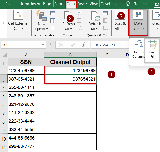 Apply Flash Fill to Automatically Remove Dashes Based on Pattern Recognition