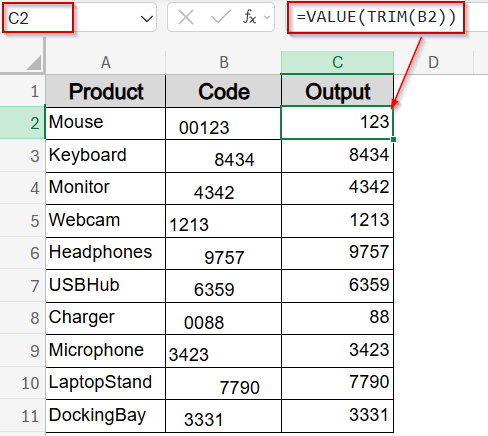 Insert the TRIM Function to Remove Leading Spaces and Convert to Numbers