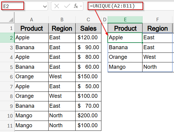 Insert the UNIQUE Function to Return Distinct Rows