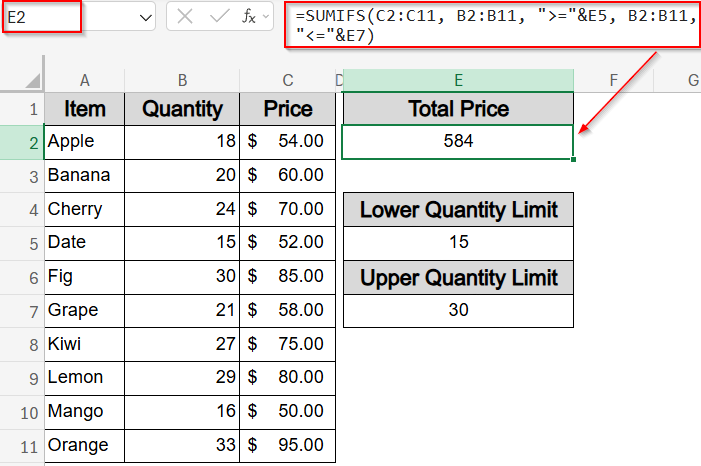 Sum Between Two Limits Using SUMIFS Function and Cell References