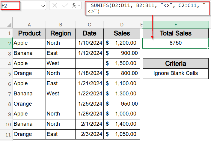 Insert SUMIFS Function with Non-Blank Cell Criteria in Columns and Rows