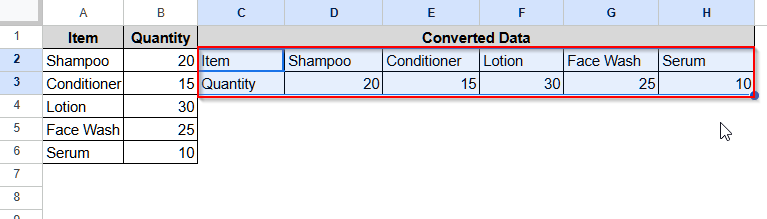 Using the TRANSPOSE Function to Convert Columns to Rows in Google Sheets
