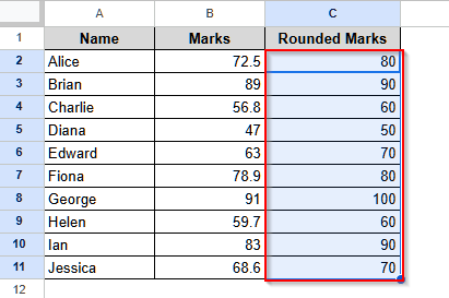 Use the CEILING Function to Round up Values to the Nearest 10 in Google Sheets
