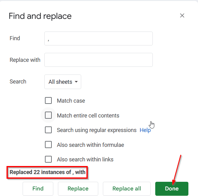 Remove Commas Using Find and Replace Tool