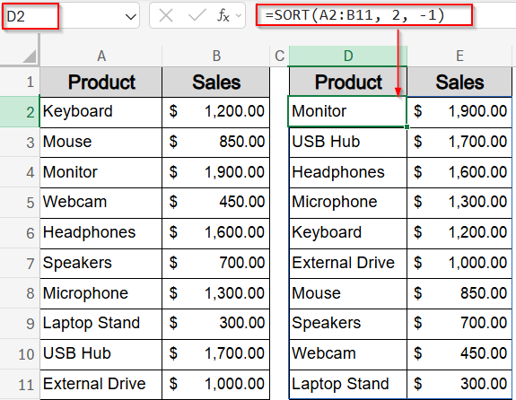 Apply the SORT Function for Dynamic Sorting