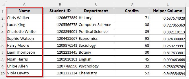 Randomizing Names with the RAND/RANDBETWEEN Function and By Manual Sorting