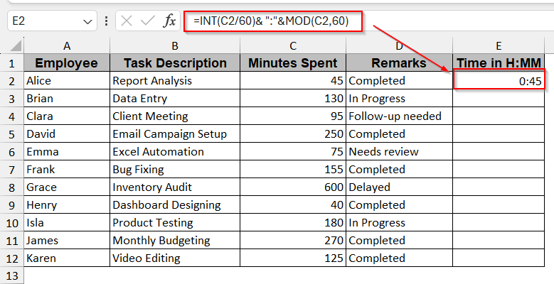 Break Down Minutes into Hours and Minutes Combining INT and MOD Functions