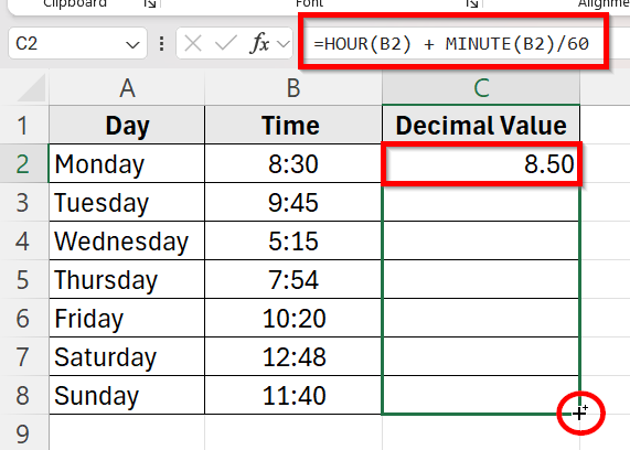 Apply HOUR and MINUTE Functions to Convert Hours and MInutes into Decimals
