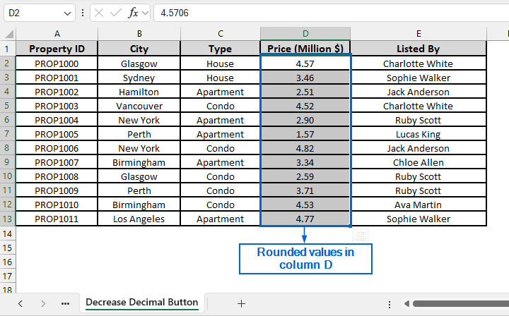 Use the Decrease Decimal Button to Adjust Decimal Places