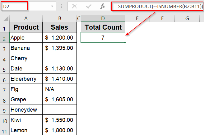 Combine SUMPRODUCT and ISNUMBER Functions to Count Cells with Numbers