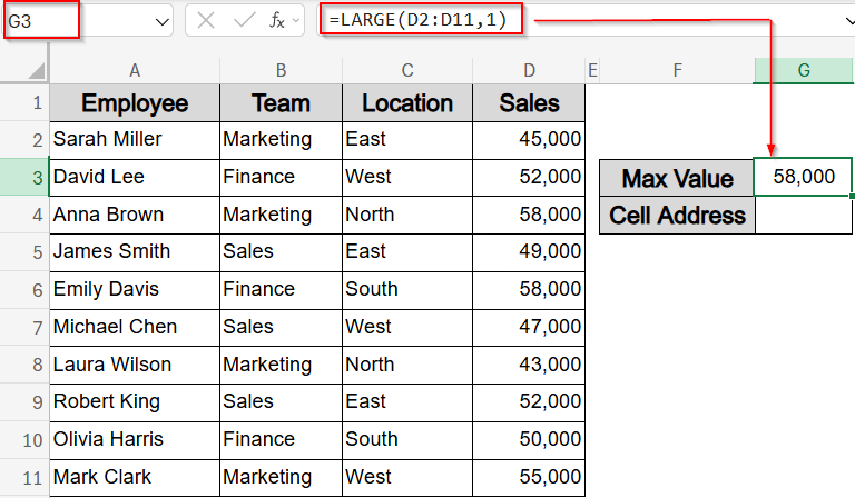 Return Max Value and Cell Address Using LARGE, XLOOKUP and CELL Functions (Excel 365)