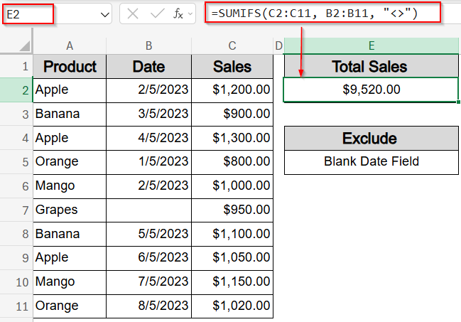 Filter Out Blank or Empty Cells Using SUMIFS Function