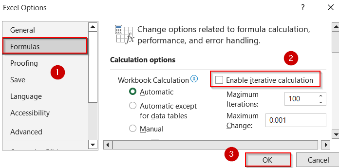 Disable Iterative Calculations to Make Circular References Visible