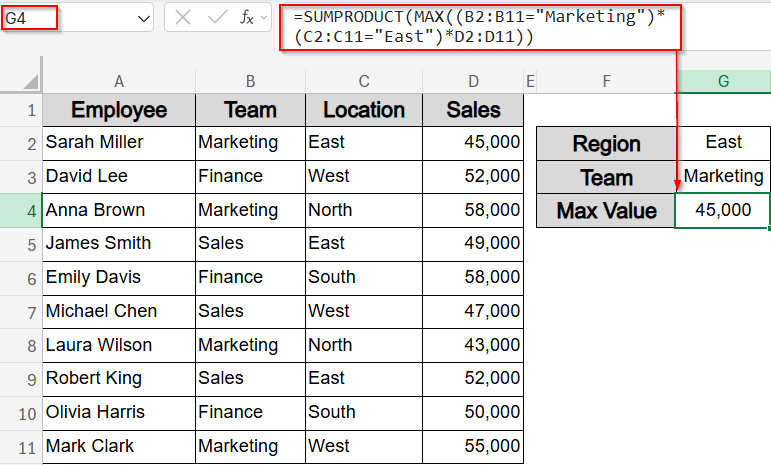 Use SUMPRODUCT Function for Conditional Maximum Calculation