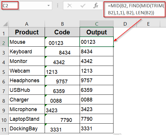 Extract Clean Numbers Using MID and FIND Functions