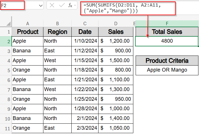 SUMIFS Function with Multiple Row Criteria Including OR Logic