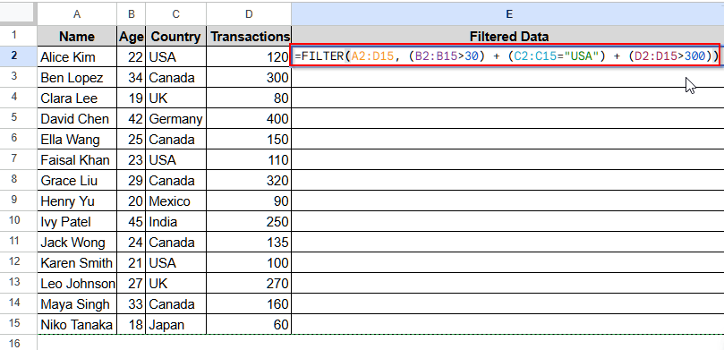 FILTER Function with More Than Two OR Conditions in Google Sheets
