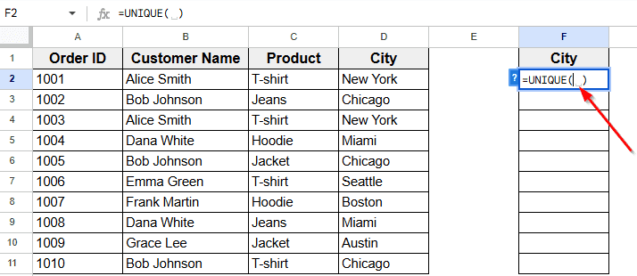 Applying Filter to Show Unique City Names