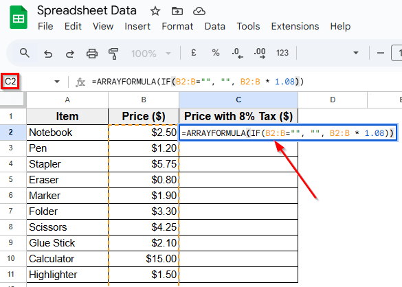 Apply the ARRAYFORMULA Function to Multiply an Entire Column