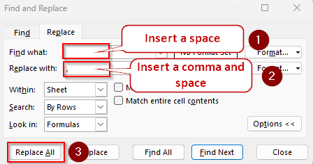 Replacing the Space Between Names with a Comma Using the Find & Replace Tool