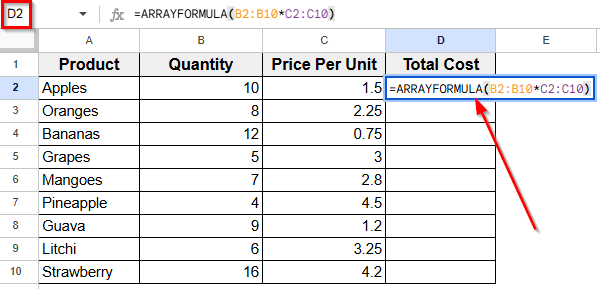 Inserting ARRAYFORMULA Function to Multiply Entire Columns at Once