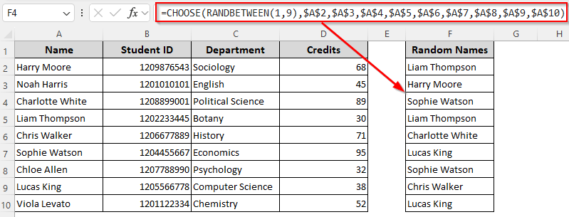Randomly Select Names Using the CHOOSE and RANDBETWEEN Functions