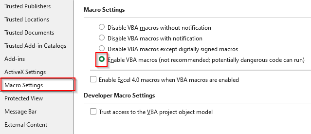 Activate Macros from the Trust Center